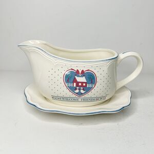 Gravy Boat & Plate Country Style Welcome Friends Ducks Blue  made in Japan 24oz.